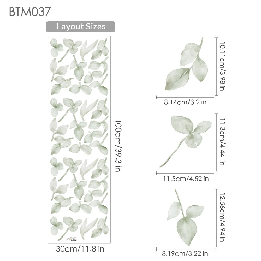 BTM037-30x100cm Color Boho Green Leaves Nursery Wall Stickers Removable PVC