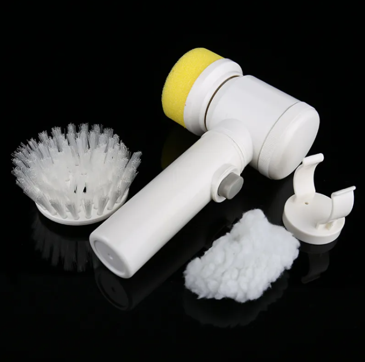 Electric Spin Scrubber with brush heads on black background